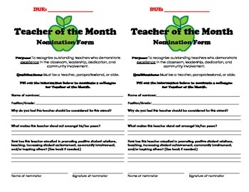 Teacher Of The Month Nomination Form By Cristina Schubert Tpt