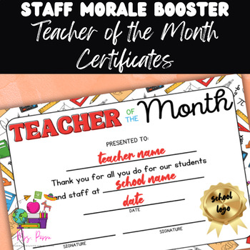 Preview of Teacher of the Month Printable Certificates