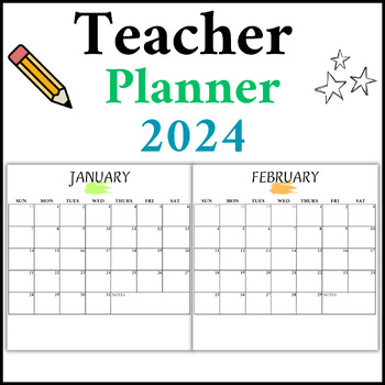 Preview of Teacher planner 2024 | Printable Calendar 2024 | Teacher MONTHLY CALENDAR