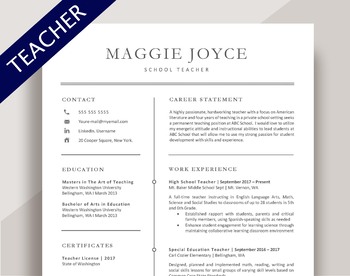 Preview of Teacher resume template, Primary Teacher CV, Education Resume, Elementary Teach