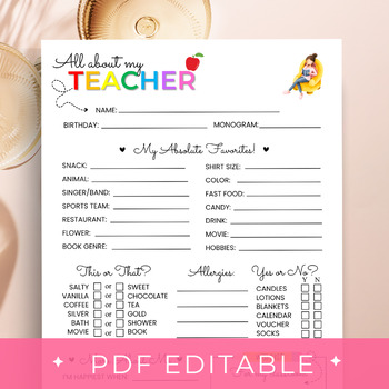 Preview of Teacher's Favorite Things Survey, Teacher Wish List, Teacher Favorites Printable