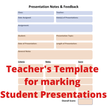 Preview of Teacher's Template for Marking Student Presentations - Notes and Feedback