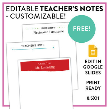 Preview of Teacher's note cards - Stationary - 3 editable designs, 4 notes per sheet!