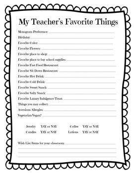 Favorite Things Questionnaire For Teachers
