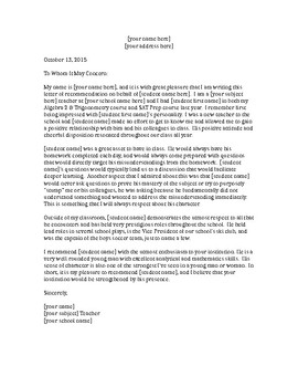 recommendation letter for student from teacher
