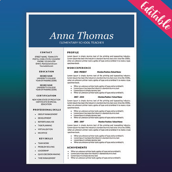 Preview of Teaching Resume and Cover Letter Template, Elementary CV Editable Download