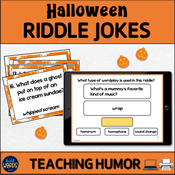 Preview of Teaching Humor with Halloween Riddle Jokes Digital and Print Task Cards