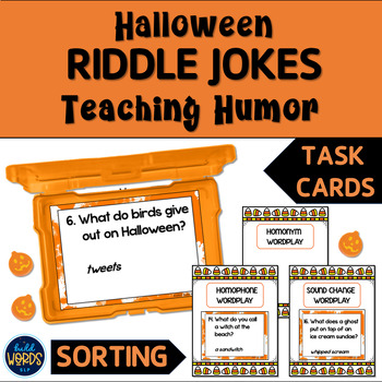 Preview of Teaching Humor with Halloween Riddle Jokes Task Cards Speech Therapy Activity