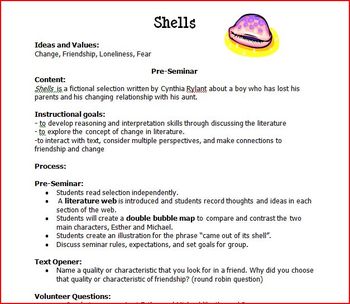 Preview of Teaching Pack for "Shells" by Cynthia Rylant