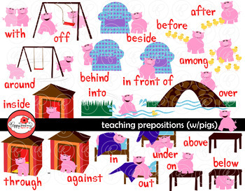 Preview of Teaching Prepositions with Pigs Clipart and Flashcards by Poppydreamz