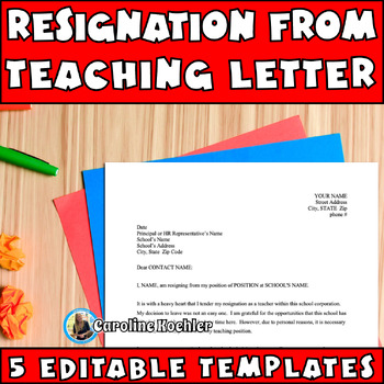 Preview of Teaching Resignation Letter 5 Editable Teacher Notice Template Examples