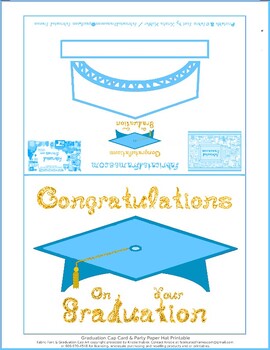 Preview of Teal Blue Graduation Cap Party Hat Card Print Gold Congratulations On Graduation
