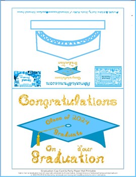 Preview of Teal Blue Graduation Cap Party Hat Card Printable Gold Class 2024 Graduate