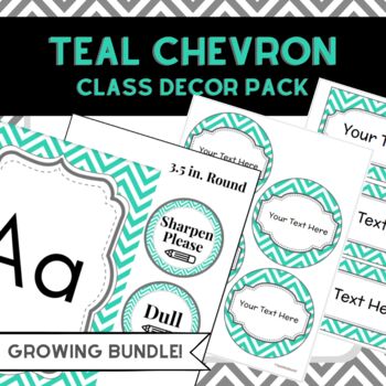 Preview of Teal Chevron Classroom Decor Pack | Name Tags, Labels, Alphabet, & More!