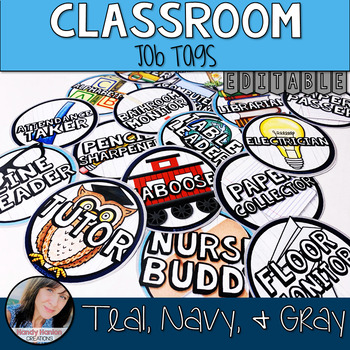 Preview of Teal Classroom Theme Decor - Job Tags Editable