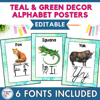 Preview of Teal & Green Alphabet Classroom Décor Posters in 6 Fonts EDITABLE