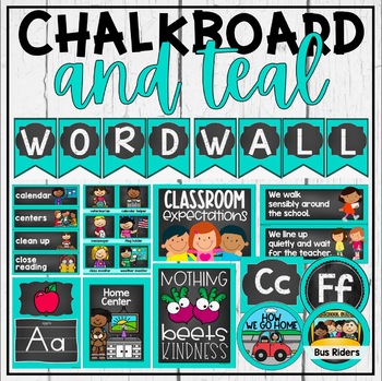 Preview of Teal & Chalkboard Classroom Decor Bundle with Classroom Jobs, Labels and more!