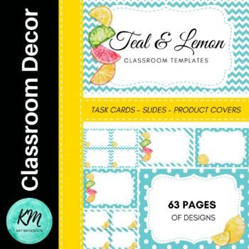 Preview of Template Bundle (Task Cards, Slides, and Product Covers): Teal and Lemon Theme