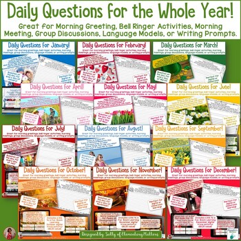 Preview of Morning Meeting Discussions and Daily Writing Prompts and Questions - Year 