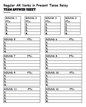 Team Relay - Spanish Regular AR Verbs in Present Tense by Miss Jessica Schu