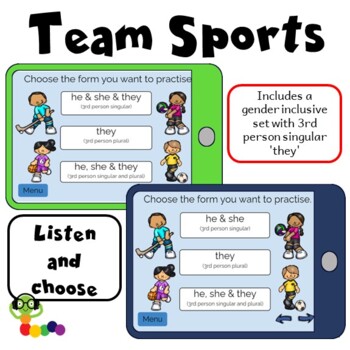 Preview of Team Sports Listen and Choose BOOM CARDS - Present Continuous Closed Questions