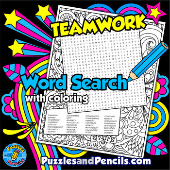 Preview of Teamwork Word Search Puzzle with Coloring Activity | Social Skills