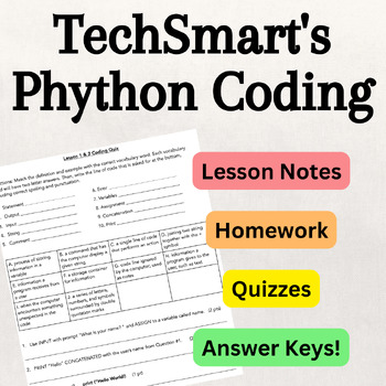 Preview of TechSmart Python Coding Resources - Quiz, Vocabulary Worksheets, Homework
