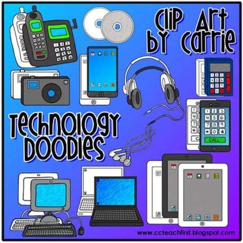 Preview of Technology Doodles digital clip art:  BW and full color PNG images