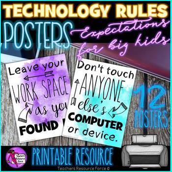 Preview of Technology Lab Rules Posters Watercolor