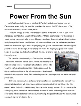 Preview of Technology Nonfiction Reading Comprehension Passage 2: Power From the Sun