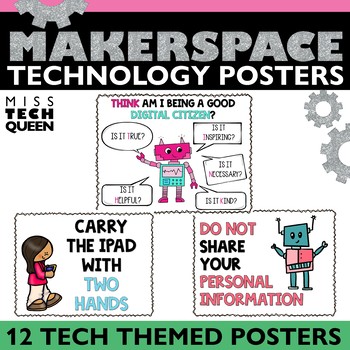 Preview of Technology Rules Posters | Computer Lab Rules iPad Safety | Bulletin Board