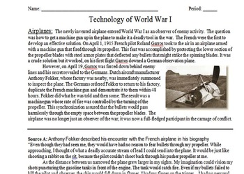 Preview of Technology of World War I Primary & Secondary Source Assignment