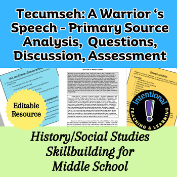 Preview of Tecumseh- A Warrior's Speech- Primary Source Analysis, Questions, Assessment