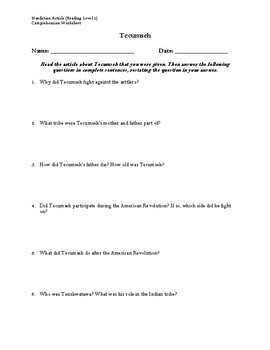 Preview of Tecumseh Article (Reading Level 1) Comprehension Worksheet