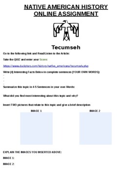 Preview of Tecumseh Online Assignment W/ Online Article (Word)