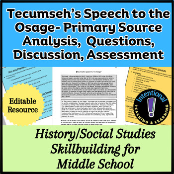 Preview of Tecumseh's Speech to the Osage- Primary Source Analysis, Discussion, Assessment