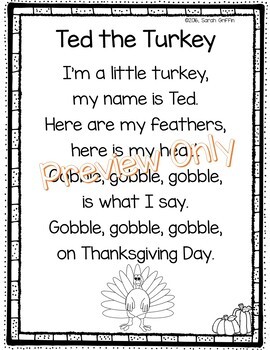 Preview of Ted the Turkey - Thanksgiving Poem for kids | November Poems