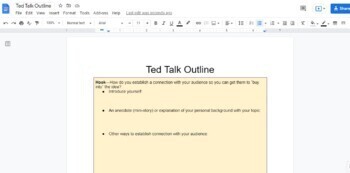 Preview of TedTalk Outline - Ted Talk Speech Prewriting