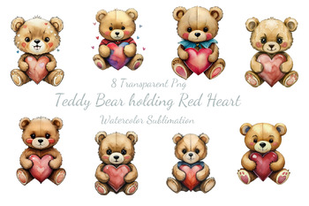 Preview of Teddy Bear Holding Red Heart Watercolor