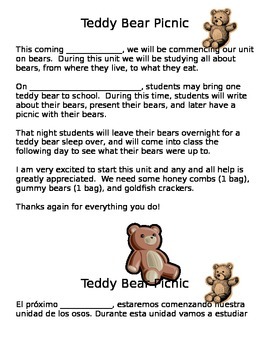 Preview of Teddy Bear Picnic Parent letter