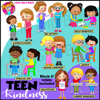 Preview of Teen Kindness. Clipart set Full Color & Black/ White.