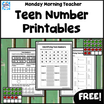 Preview of Free! Teen Numbers 11-20 Practice Printables Worksheets Math Centers Stations