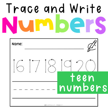 Preview of Teen Number Writing Practice Worksheets, Trace and Write Numbers 11 to 20