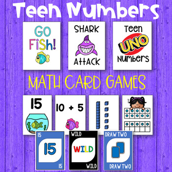 Preview of Teen Numbers Math Card Games-Go Fish, Uno, Shark Attack