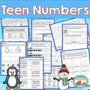 Preview of Teen Numbers Worksheets, Winter, Print and Go, 11-19, Kindergarten, First Grade