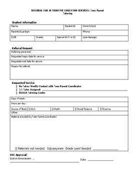 Teen Parent Tutoring Referral Form (editable and fillable resource)