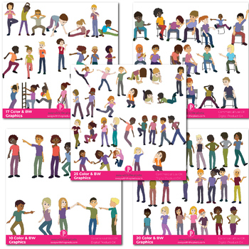 Preview of Teen Tween Clipart Set - Actions and General Activities - 90 Color & 90 BW Image