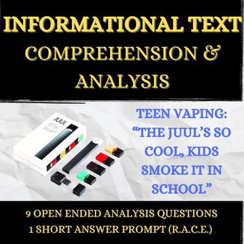 Preview of Teen Vaping | Reading Comprehension & Analysis Passage | Informational Text