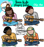 Teen kids playing guitar clip art