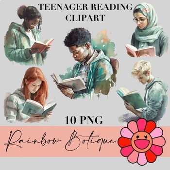 Preview of Teenager Reading clipart, realistic teenager clip art, books, watercolor diverse